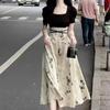 Elegant Summer Guochao Ink Print Dress: Women's Waist-Cinched, Slimming Mid-Length Skirt