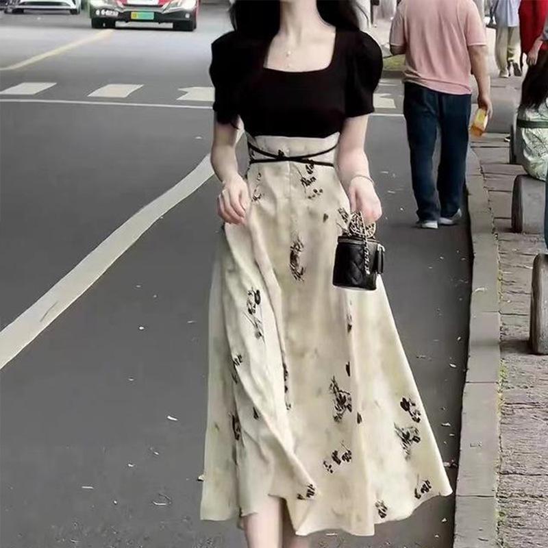 Elegant Summer Guochao Ink Print Dress: Women s Waist-Cinched, Slimming Mid-Length Skirt L