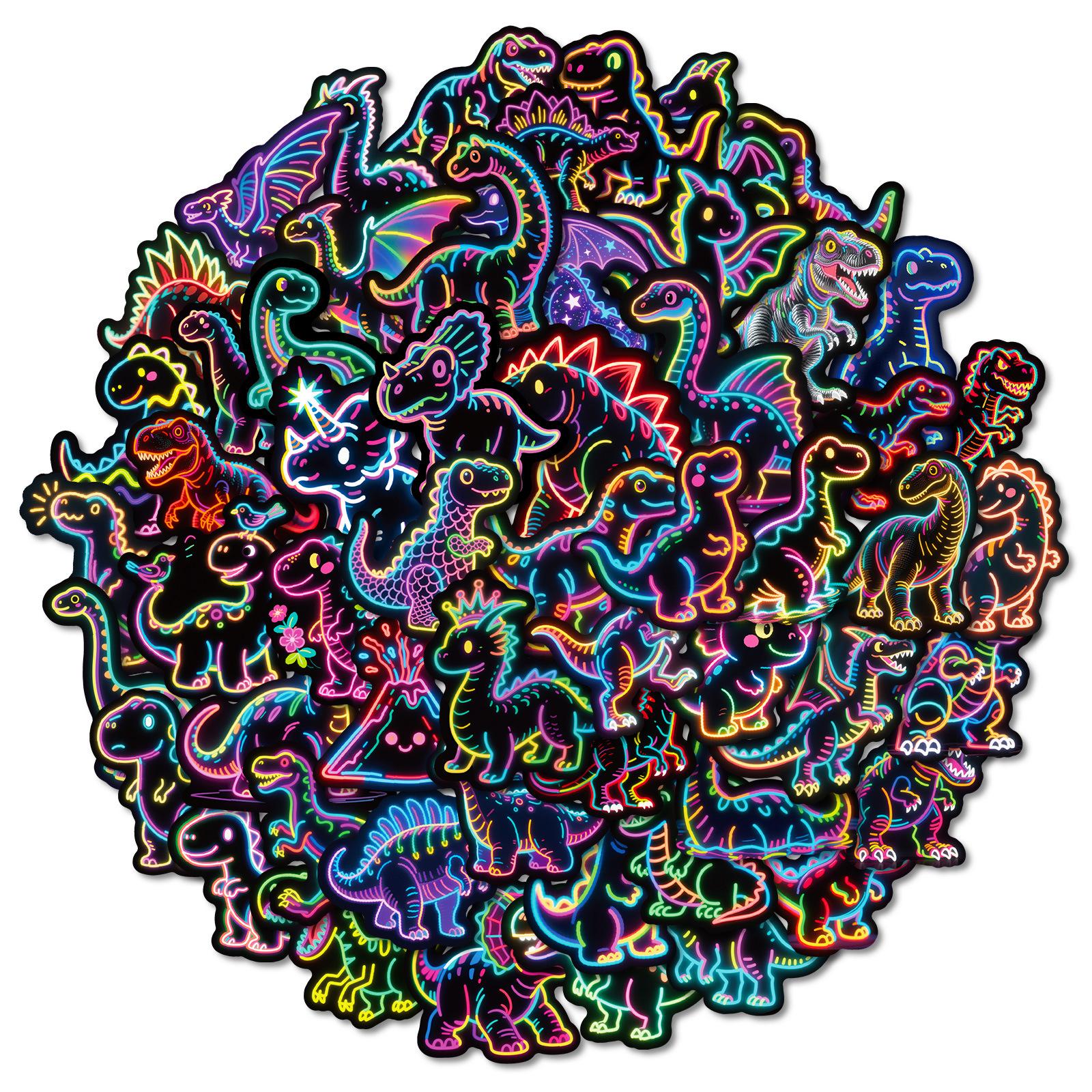 

56 Pcs Neon Dinosaur Stickers Waterproof Vinyl Glow in Dark Black Border for Kids Laptop Luggage Water Bottle Skateboard Decor