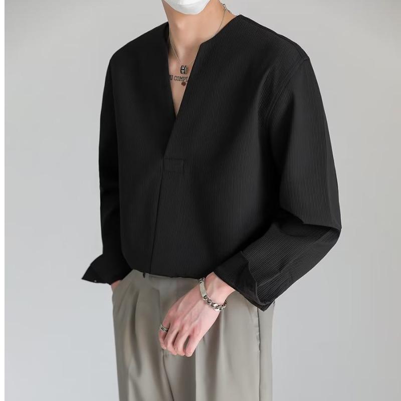 Korean-Style Men's Solid Color V-Neck Long-Sleeve Casual Pullover Shirt