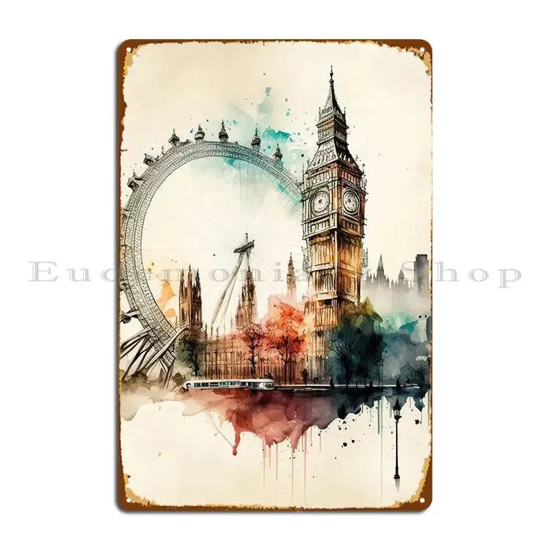 Watercolor London Metal Sign Printed Pub Mural Kitchen Garage Garage Tin Sign Poster