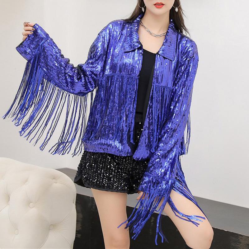Women's Shiny Sequin Tassel Jacket - European & American Style, Beaded Celebrity Top with Lining