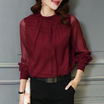 Rüschen Große Größe Ärmel Kragen Elastische Manschetten Mesh Frauen Hemd Elegante Einfarbig Chiffon Hemd