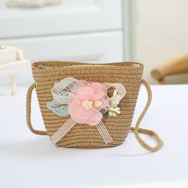 Borsa in paglia con cerniera e fiore per bambina, simpatici accessori per foto, borsa a tracolla intrecciata a mano per bambini, cestino portaoggetti, portamonete, borsa a tracolla