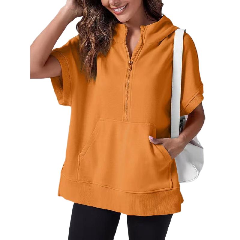 

Толстовки с короткими рукавами для женщин, большие толстовки с капюшоном на молнии, пуловеры с боковым разрезом и карманами, летняя одежда XXL оранжевый