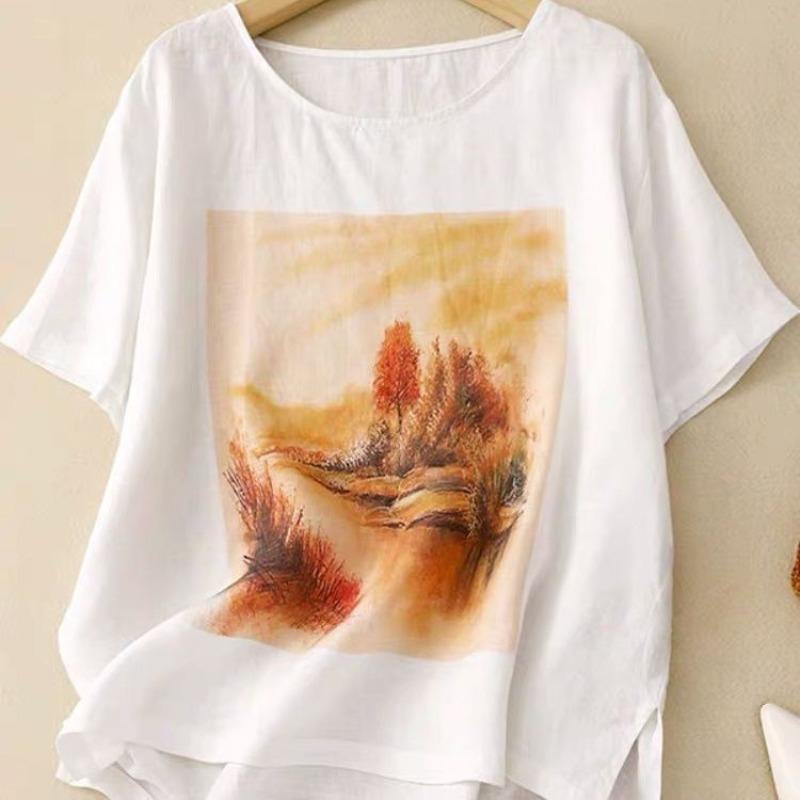 YYFS Women's Fashion Casual Summer Spring Flower Pattern Print 1/2 Sleeves O-Neck Blouses & Shirts
