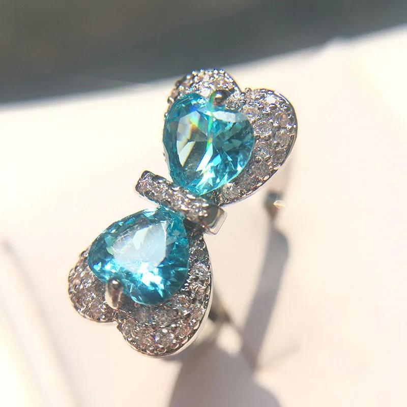 Simple  Sterling Silver Blue Bowknot Mosaic Cubic Zirconia Wedding Rings for Women  Girlfriend Gift Anillos Mujer
