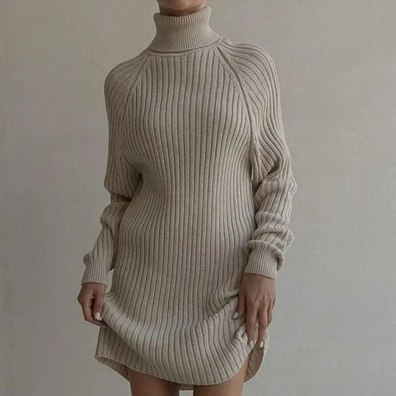 Casual Long Sleeve Turtleneck Sweater Dress Women Autumn Winter Short Knitted Dress Fashion Loose Slim Fit Solid Office-lady Dresses 30175