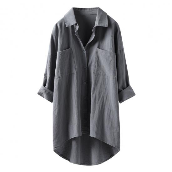 2026 Lente en Herfst Nieuw Dames Casual Stijl Effen Kleur Shirt Katoen Linnen Vest met Dubbele Zakken Lange Mouw Top