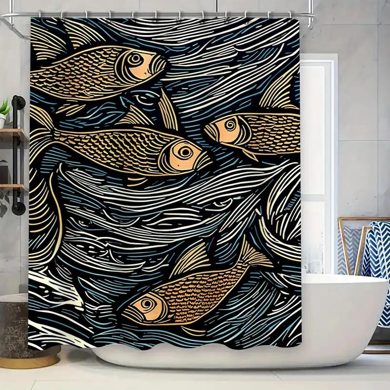 Modern Artistic Colorful Fish Pattern Waterproof Shower Curtain For Stylish Bathroom Decor, Easy Install