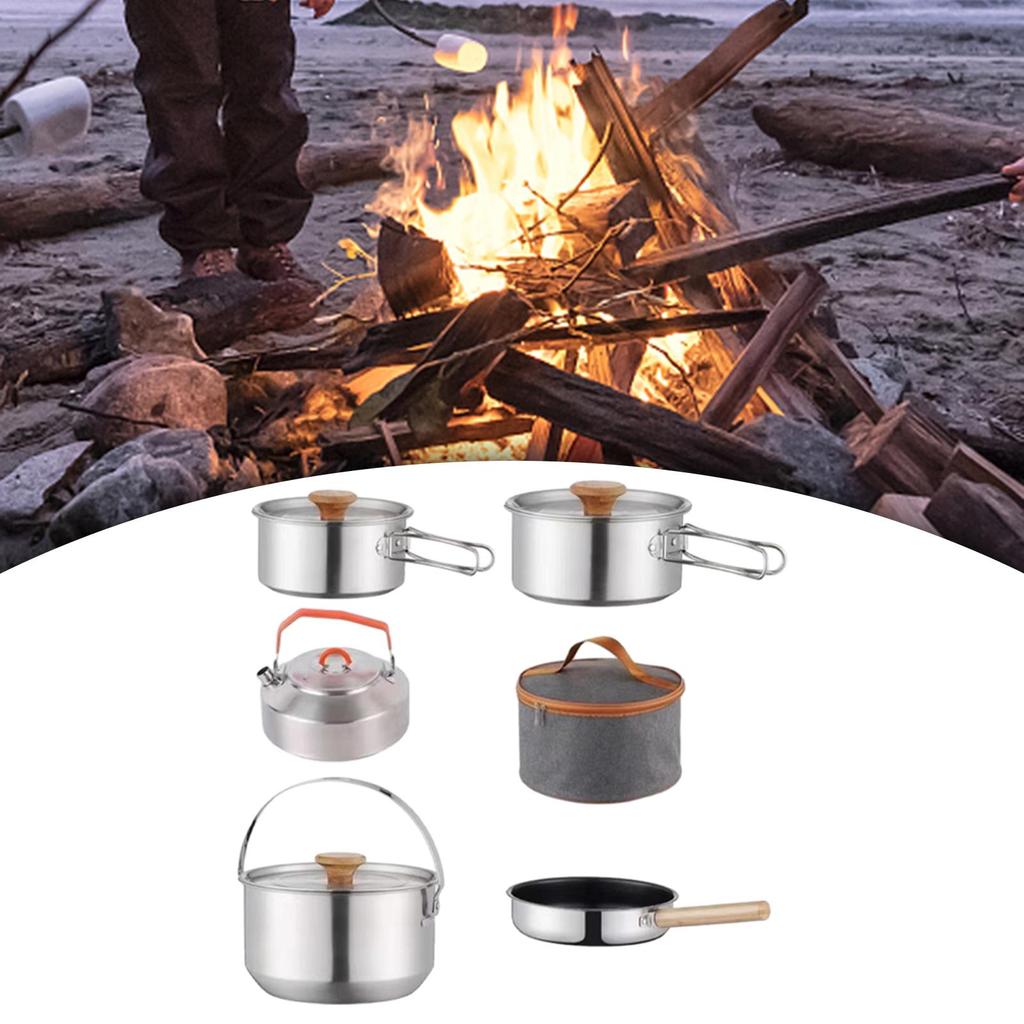 6 Pieces Camp Cookware Camping Mess Kit Portable Cooking Pot Pan Stainless Steel Frying