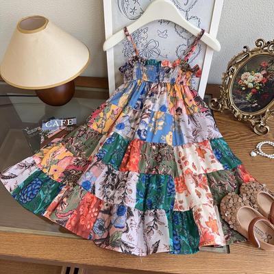 Girls' Retro Floral Summer Dress - Sling Style, Model AXB502