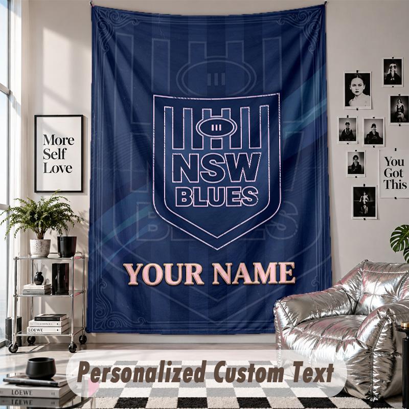 Wall Hanging Tapestry With Custom Name & Text, NSW Blues logo Decorative Tapestry For Bedroom