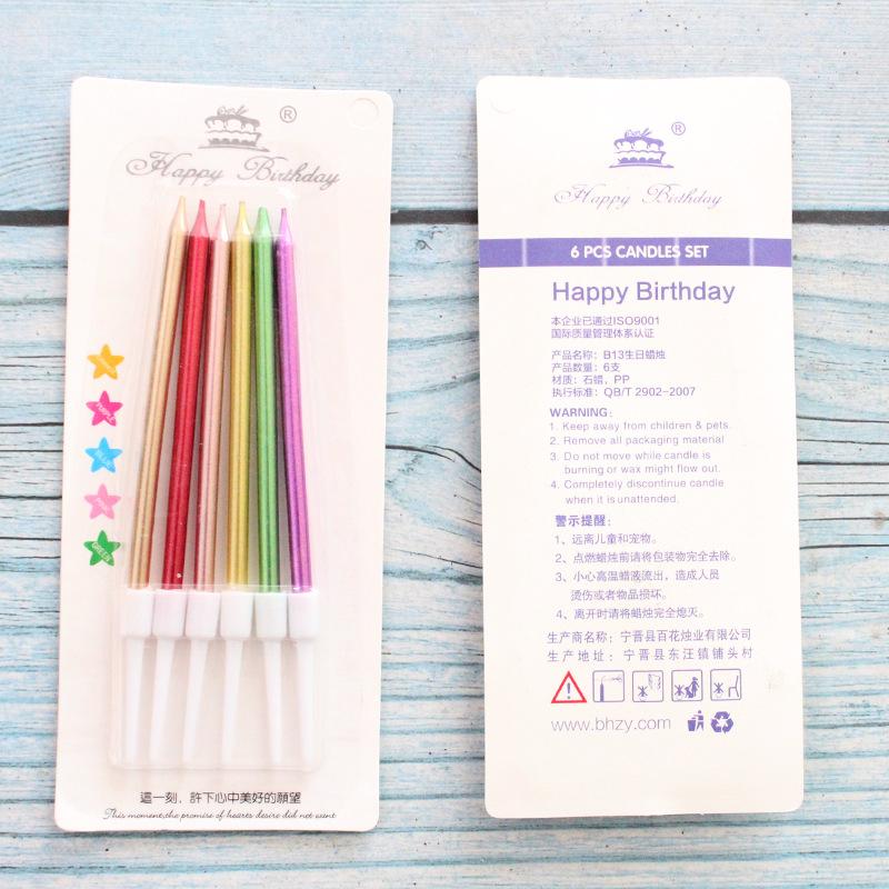 Creative Gold-plated Pencil Long Birthday Cake Candles, 6-pack Romantic Party Gold and Silver Candles with Sucking Cards