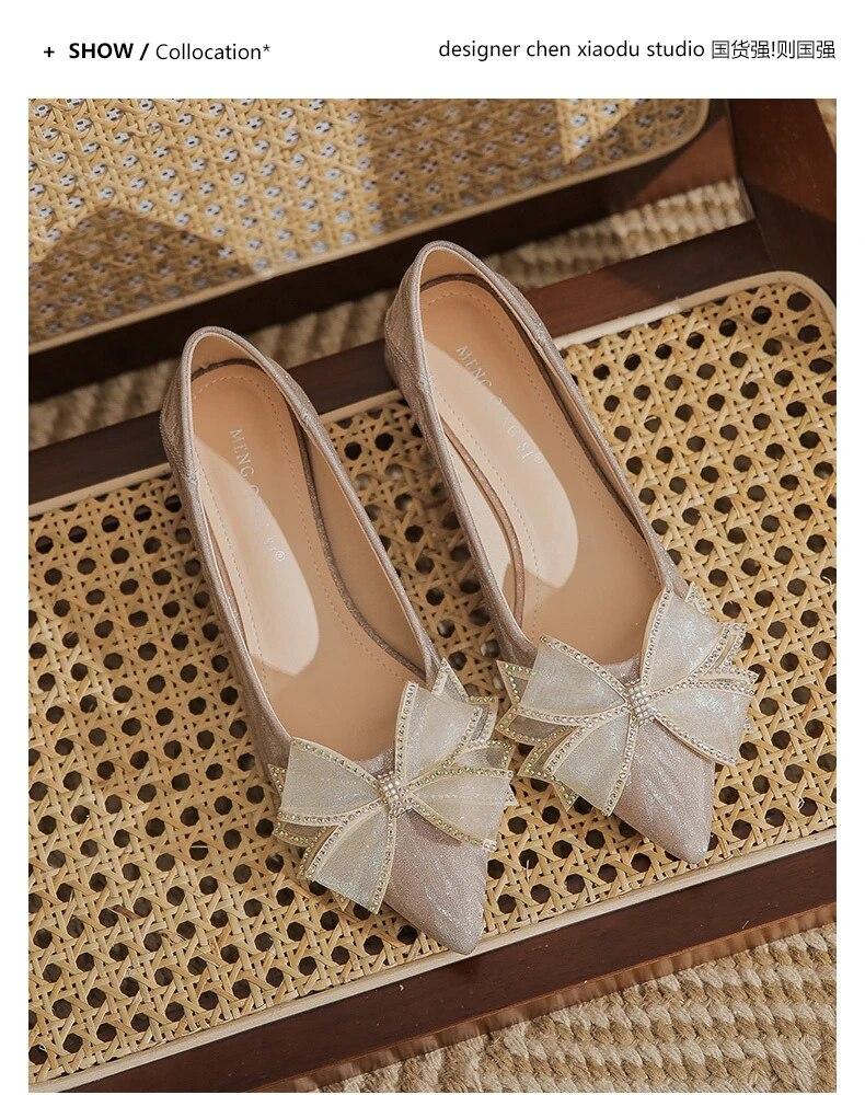 

Новые милые женские туфли-лодочки, лоферы без шнуровки, туфли на среднем каблуке с острым носком, женские туфли на платформе с узлом-бабочкой 35 шампанского