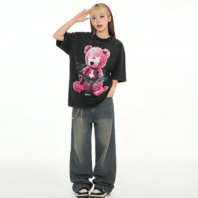 Dark Bear Short Sleeve T-Shirt Washed Retro Cotton Pod Digital Direct Injection Printing T-Shirt Men