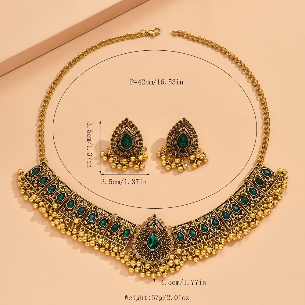 Bollywood Style 1 Pair Of Earrings + 1 Necklace Vintage Jewelry Set Retro Design Inlaid Gemstone Match Daily Outfits Party Accessories