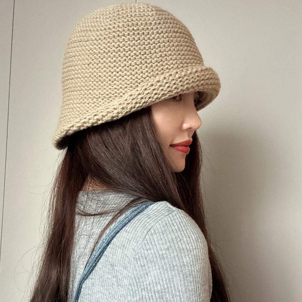 Japanese and Korean Autumn Wool Knitted Bucket Hat Women's Retro Curled Pullover Hat Warm Large Head Fisherman Hat
