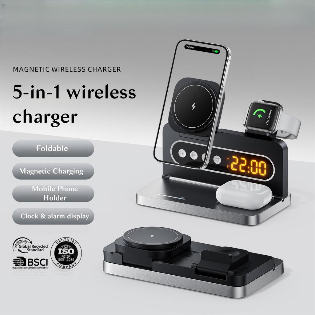 5-in-1 Magnetic Wireless Charger with Phone Stand, Magnetic Wireless Watch Charger, Magnetic Wireless Earphone Charger, and Digital Alarm Clock