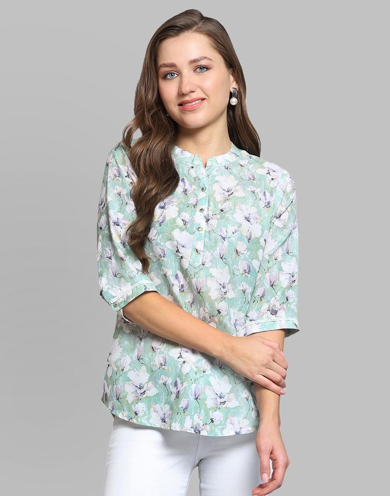 Monte Carlo Womens Printed Green Round Neck 3/4 Sleeve Top