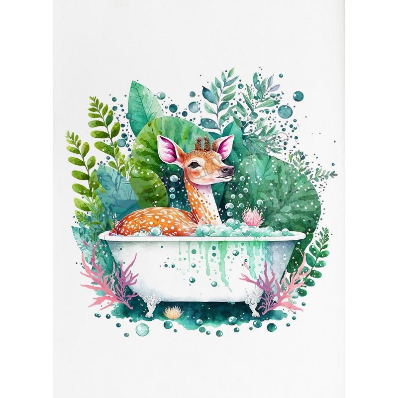 Watercolor Bathroom Tropical Animals Deer Hippo Penguin In Tub Poster Canvas Painting Wall Art Pictures Home Toilet Decor