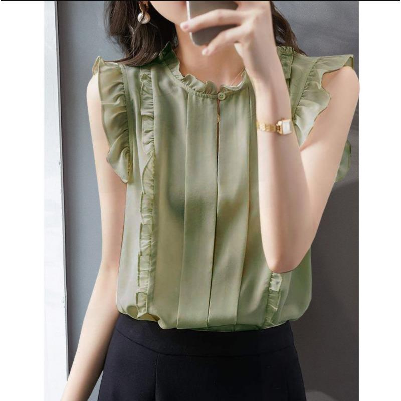 

Рубашка без рукавов с оборками и цветочным принтом для женщин. Лето. Новая свободная рубашка с темпераментом. Милый шифоновый топ с принтом. S