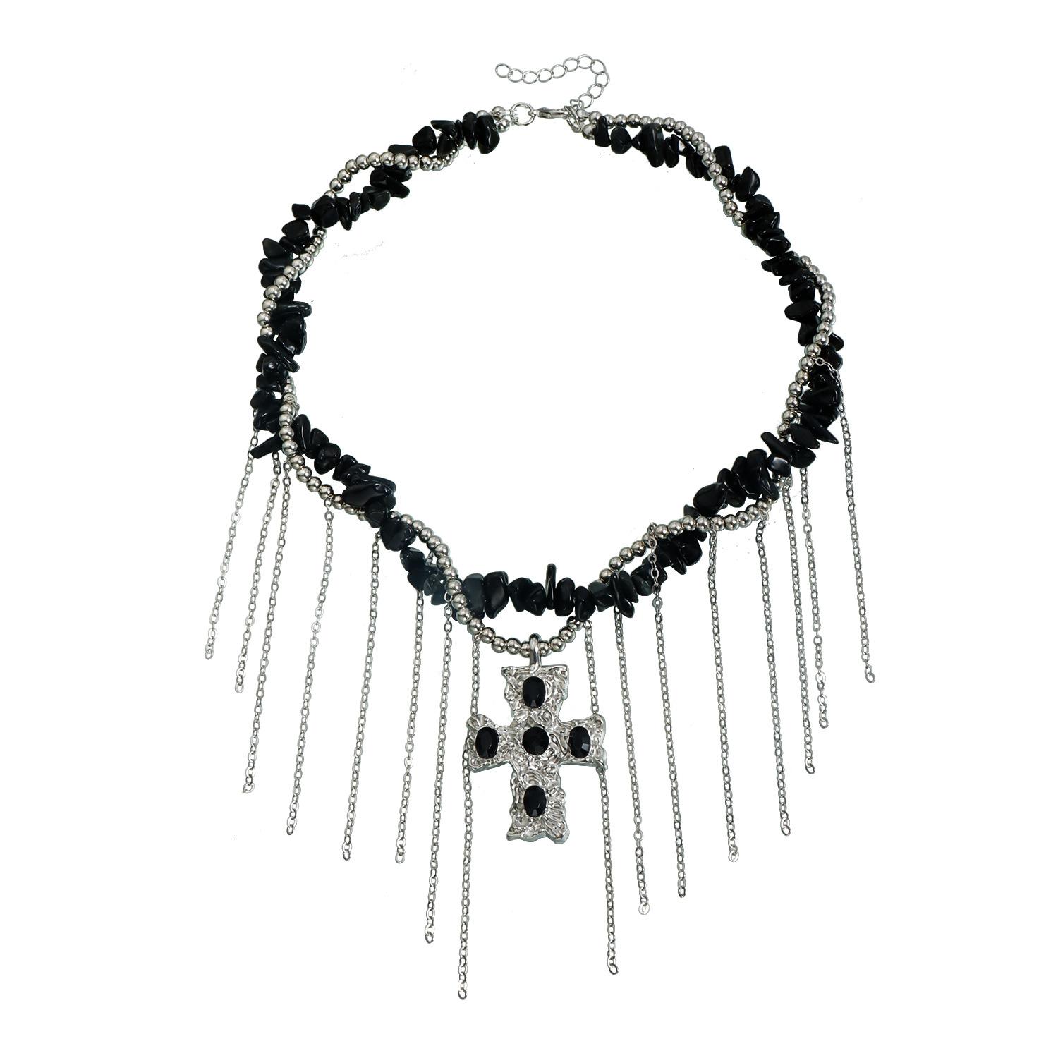 Dark Less Tie Cross Necklace ins Spice Girl Wind Black Stone Tassel Necklace