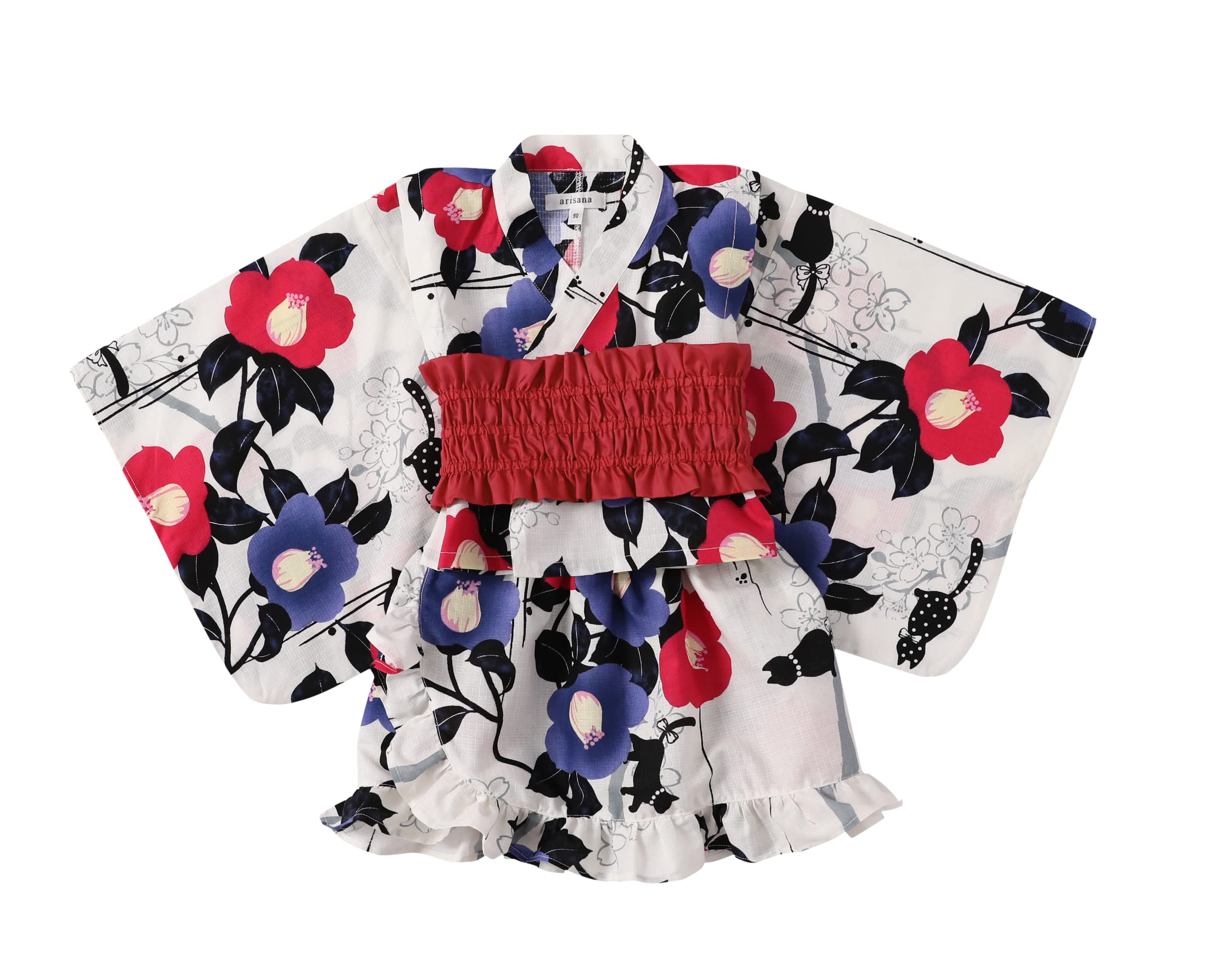

Baby Yukata for Separate and Camellia Cat 100cm [Arisana] Girls, (Top, Dress, Obi, 3-piece Set), White,