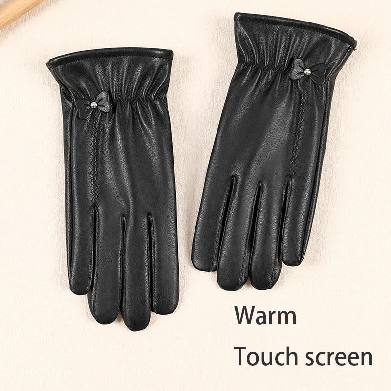 Warm Soft PU Waterproof and Cold Resistant Gloves Made of Women's Leather Fashionable and Warm with Velvet Touch Screen Gloves