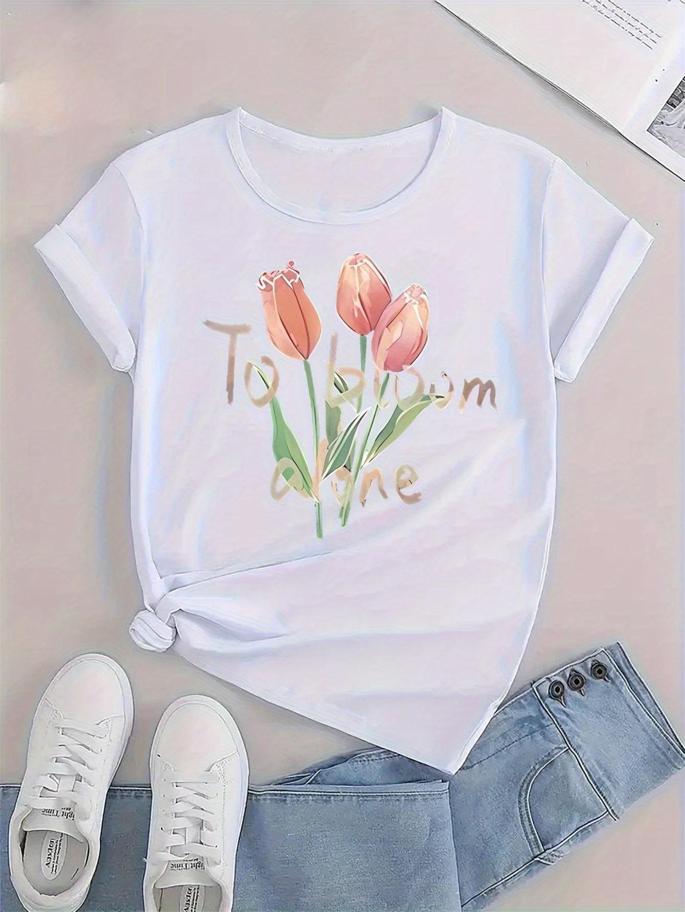 Crew Neck Sleeve Inspirational Floral Print Women s To Bloom Alone Tulip Tee Casual S