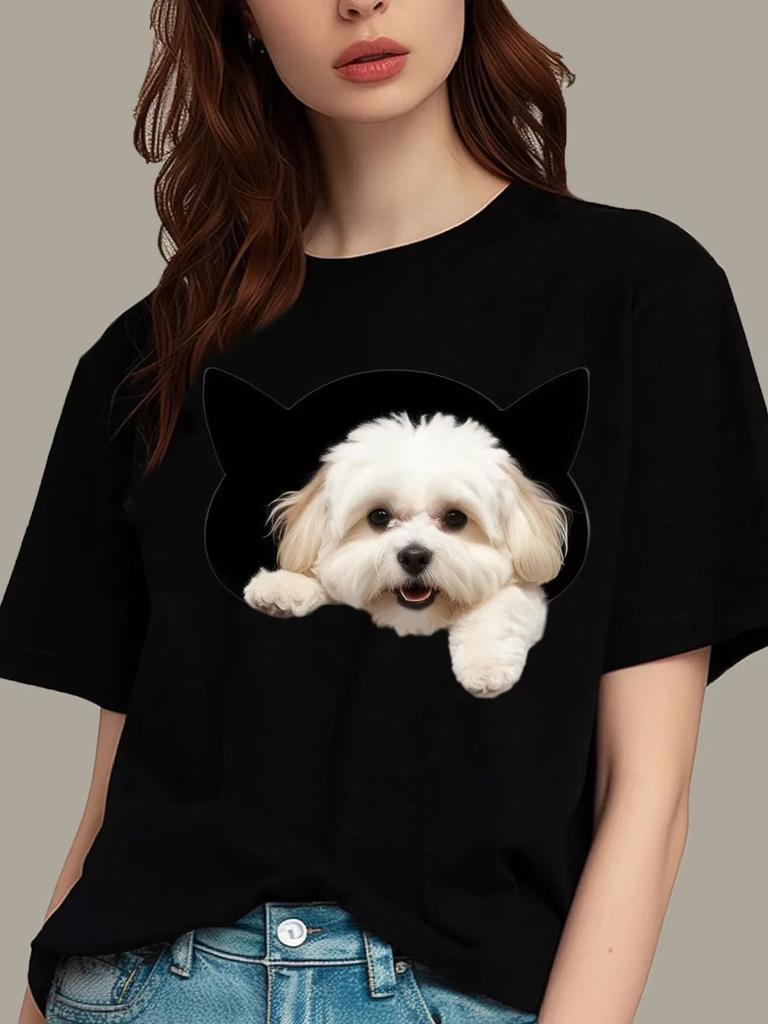 2026 New Dog Print Fun  Cheerful Short Sleeve Round Neck Tshirt Great For Sporty Looks Outdoor Activi