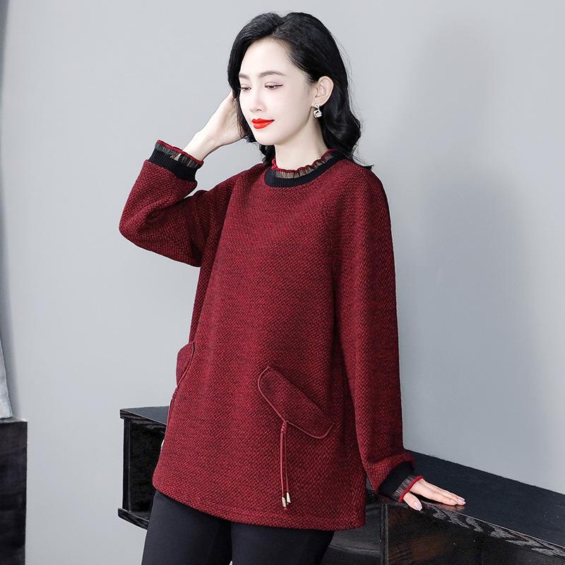 

2024 Осень/Зима Повседневный Топ с Длинным Рукавом и Круглым Вырезом Большого Размера для Женщин Среднего Возраста 6XL (Recommended for 110-120 kg)