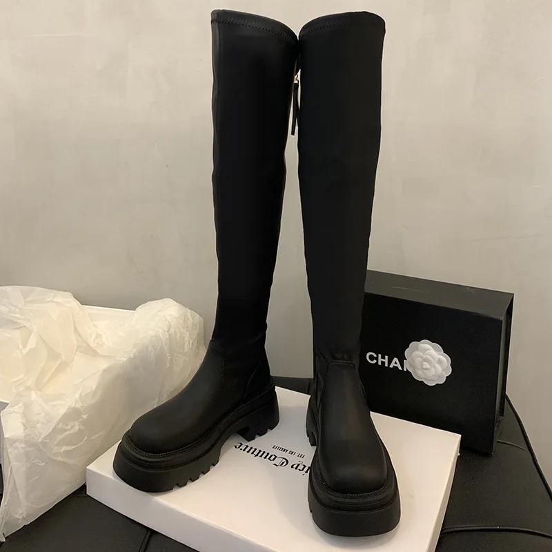 

Мода Модные ретро-ботинки на платформе с длинными сапогами для женщин Осень-зима Мягкая подошва Увеличение женской обуви Кожаные дизайнерские эластичные сапоги для женщин 39