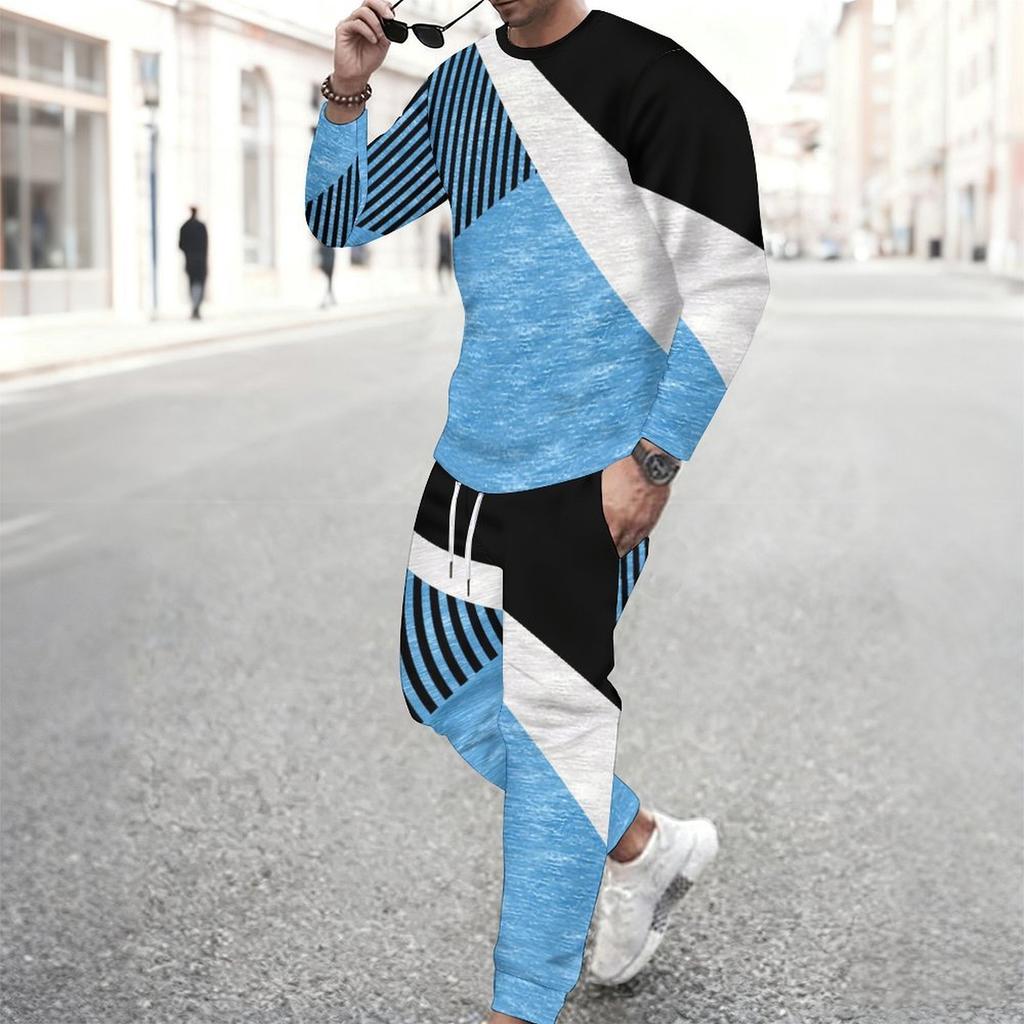 Men Retro Mosaic Hexagon Marble Texture Print Long Sleeve Sweatshirt Jogger Pants Two Piece Suit