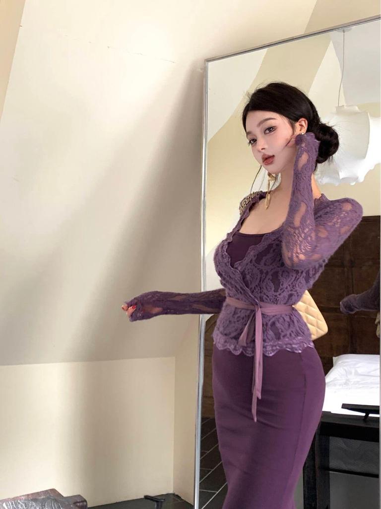 Purple Lace Cardigan & Fishtail Camisole Dress Set - Women's Sexy Autumn Fashion Two-Piece
