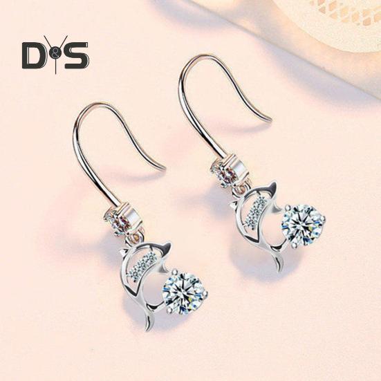 1 Pair Korean Style Hook Earrings Dolphin Design Shiny Rhinestones Drop Earrings Women Mid-length Earrings