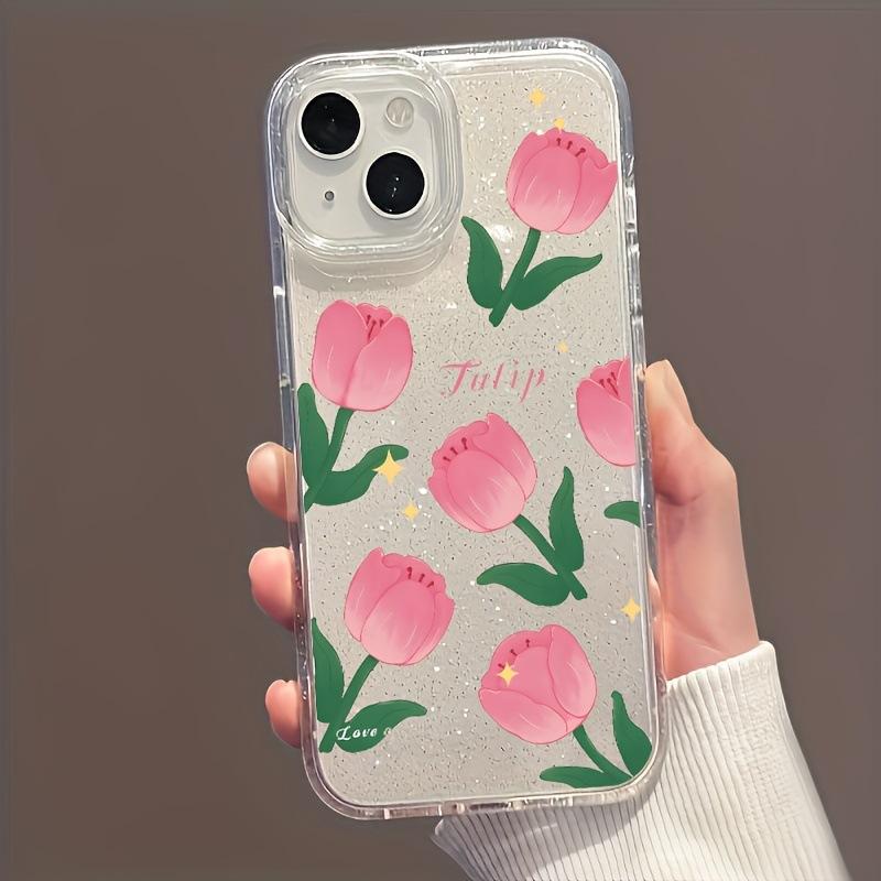 Tulip oil painting is suitable for Apple 13 14 mobile phone case 16promax large hole glitter case XS transparent 11 cute 1