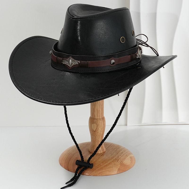 New Trendy Western Cowboy Hat Unisex Wide Brim Pu Leather Sun Caps Adjustable Outdoor Travel Hiking Camping Casual Men Women Hat