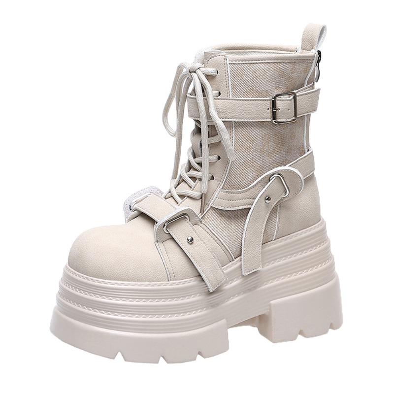 Modedesigner Damen Kurze Stiefel Neu Herbst Winter Wildleder Leder Klobige Stiefel Gladiator High Platform Schnalle Goth Stiefel Mujer Zapatos