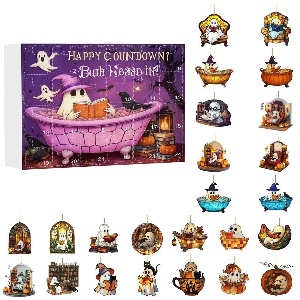 Lesender Geist Acryl Flachanhänger Set Halloween Dekorationen 24 Stile Geist Lesen 2D Ornament 24-Tage Countdown Sammlerstück
