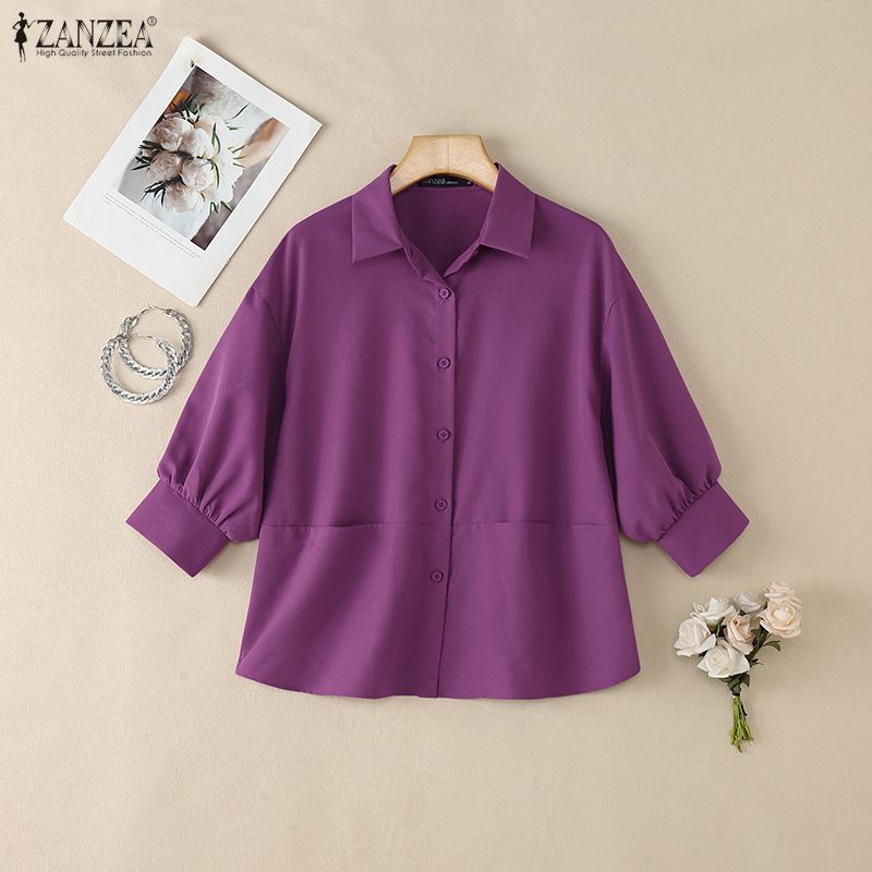 ZANZEA Bluzka damska casualowa z kołnierzykiem i luźnym rękawem 3/4