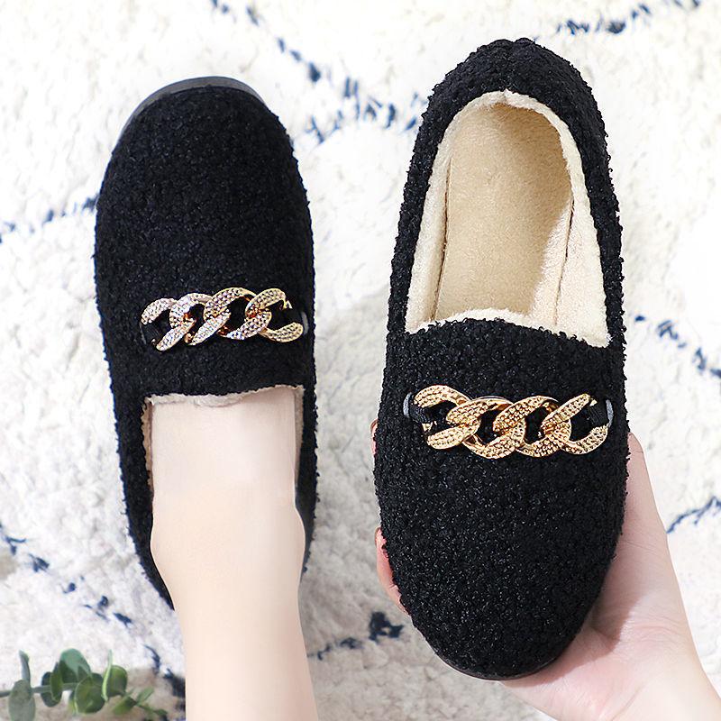 Hairy Shoes Women's Flat Bottomed Versatile Cotton Shoes Extra Velvet Shoes Autumn and Winter Warm Shoes
