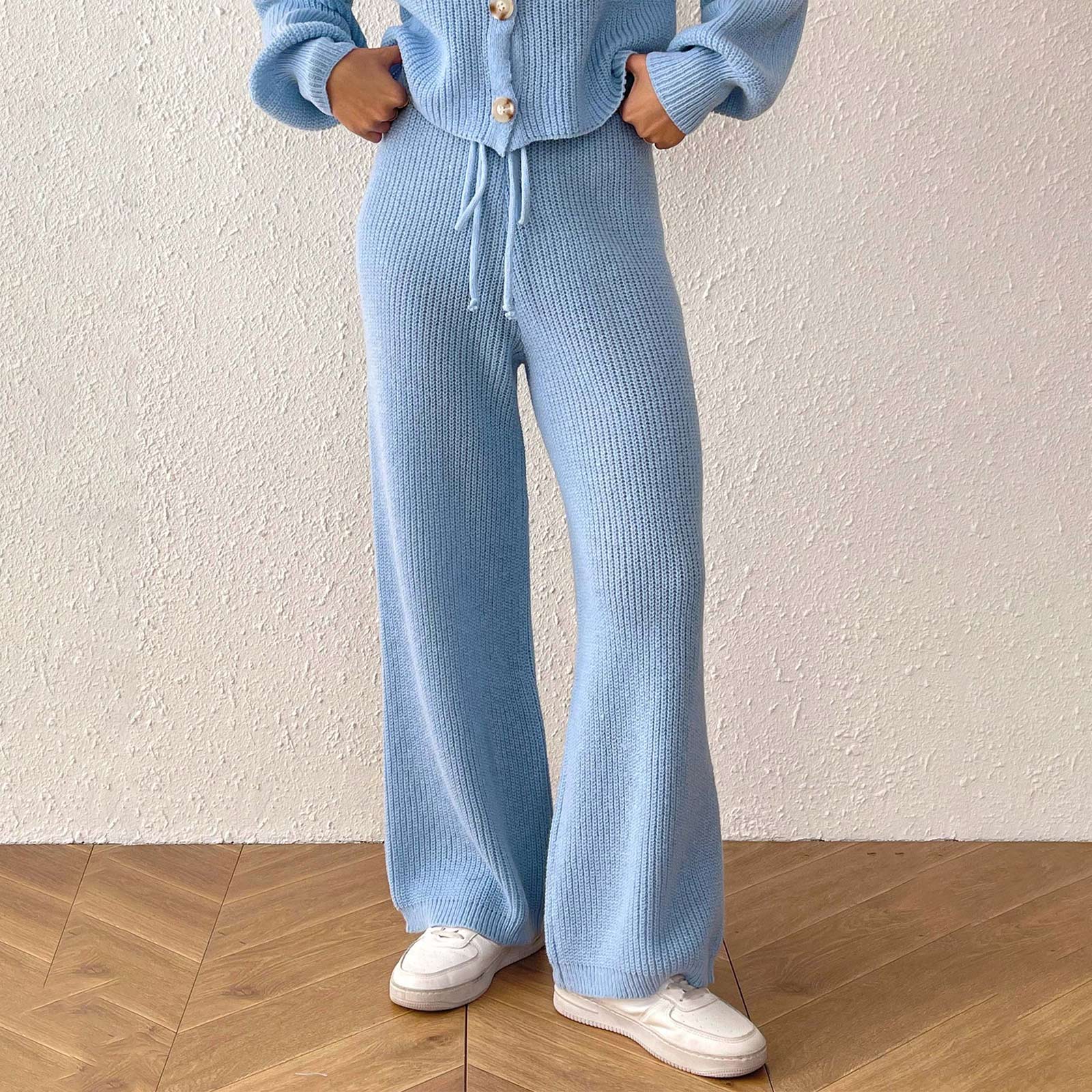 

Женские удобные и теплые шерстяные брюки на кулиске и с поясом, брюки-свитер, длинные брюки, брюки прямого кроя и брюки широкого кроя. XL небесно-голубой