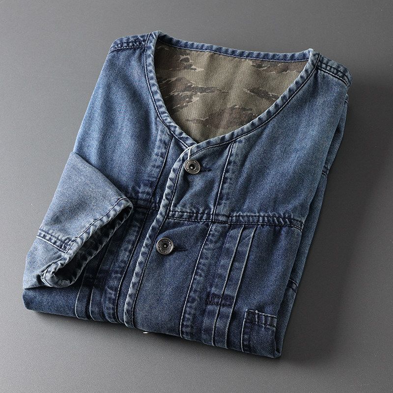 Collarless Denim coat Men's Spring and Autumn Japan fashion Retro Fashion Brand Patchwork Top Export Overplus Order Men's Clothing Jacket