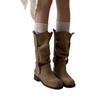 Cowhide Edition~ Maillard Suede Western Cowboy Boots Women's Folded Round Head Pile Boots Skinny Thick Heel Knight Boots