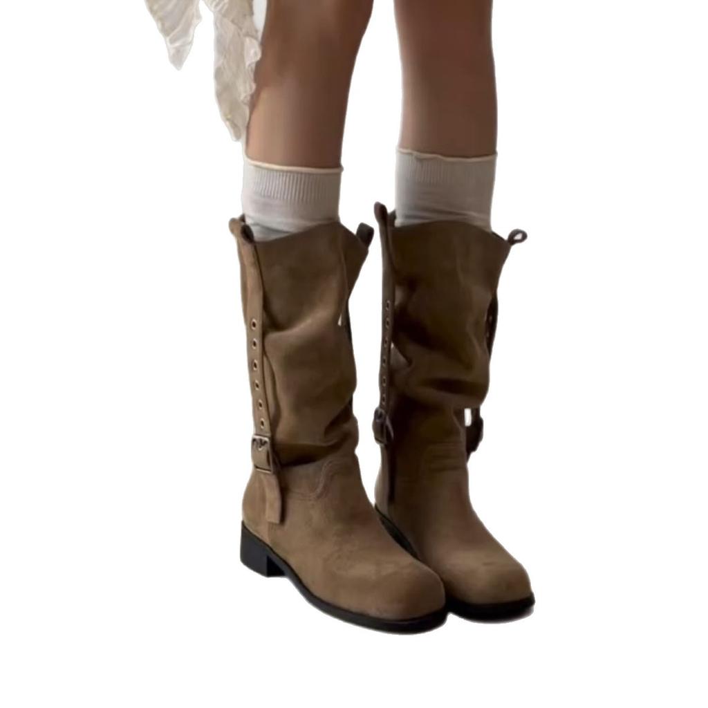 Cowhide Edition~ Maillard Suede Western Cowboy Boots Women's Folded Round Head Pile Boots Skinny Thick Heel Knight Boots