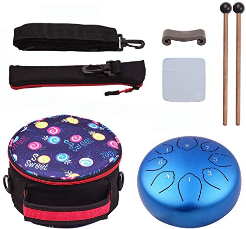 Musfunny 6-inch 8-Note Steel Tongue Drum with Musical Instrument, Percussion, Music Sheet Music, Mallets, and Storage Bag - Steel Drum for Music Educa