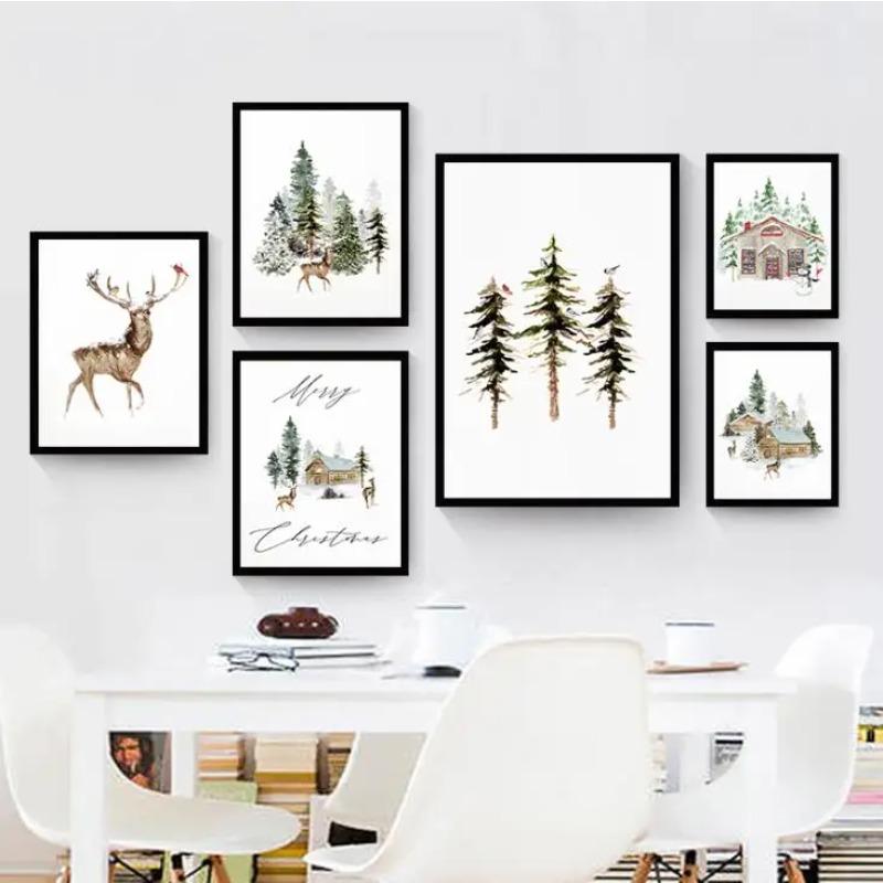 Simple Modern Nordic Ice and Snow World Watercolor Elk Christmas Art Decor Picture Material