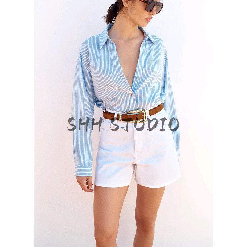 Spring and Summer New Women's Clothing Decorated Row Button Linen Blended Lapel Loose Long Sleeves Stripes Shirt 2886909