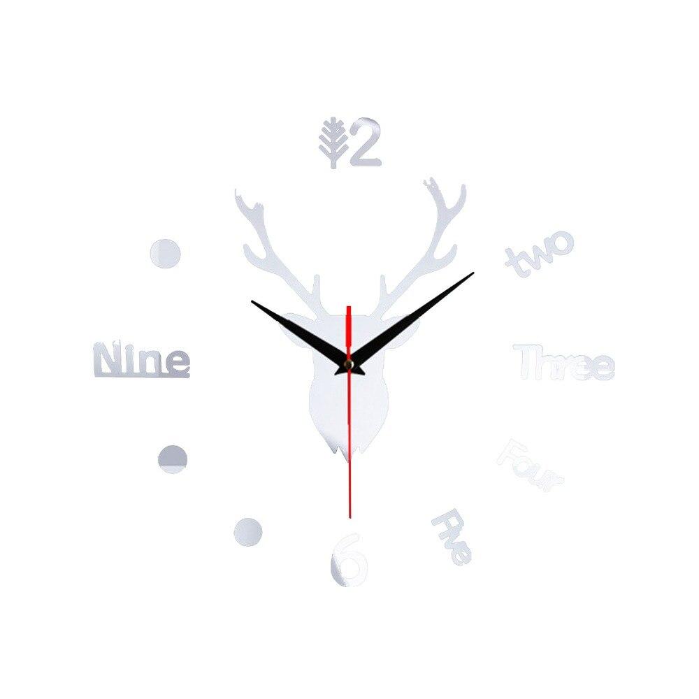 Креативные настенные часы в виде головы оленя Безрамные DIY Настенные бесшумные часы 3D Наклейка на поверхность Домашний декор стен серебряный
